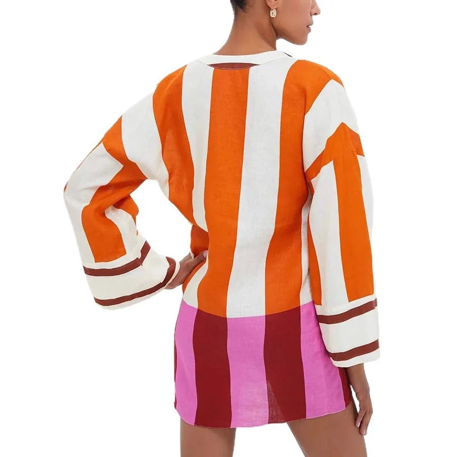 Autumn Winter Women Linen Material Mini Dresses Print Sexy V-neck Hollow Out Long Sleeves Robeson Beach Party Female Dresses