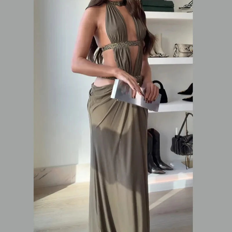 Hollow Out Halter Maxi Dress Sexy Pleated Solid Sleeveless Off Shoulder Backless Slim Women Dresses Fashion Party Gowns