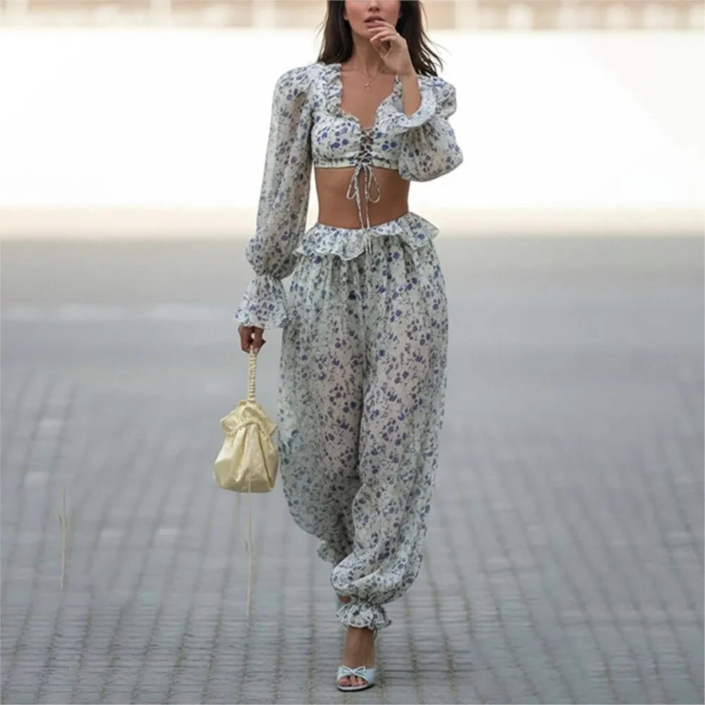 Ruffled Trousers Short Tops Two-piece Set Spring Summer Women's Long-sleeved Waist Casual Fashion Trousers Set Костюм Женский