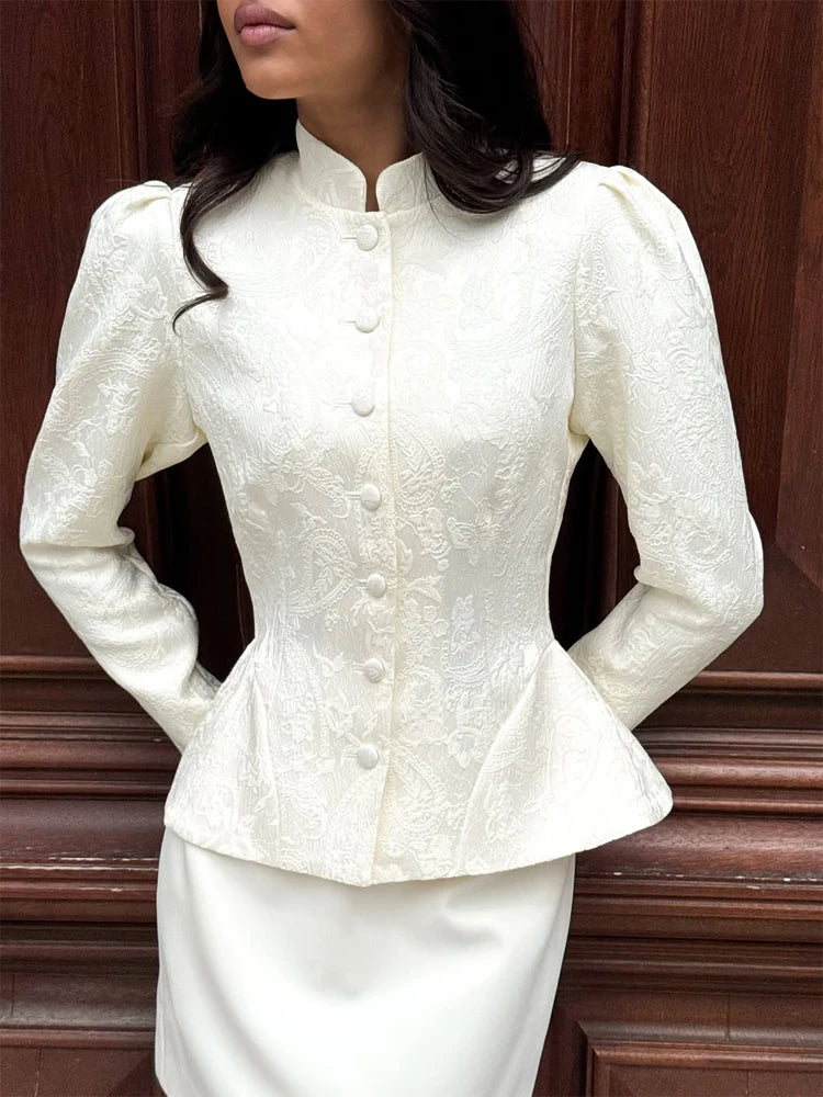 Solid Color Jacquard Glossy Satin Tops Women Chic Stand Collar Single Breasted Slim Fit Short Coats 2026 Lady Daily Outwear New