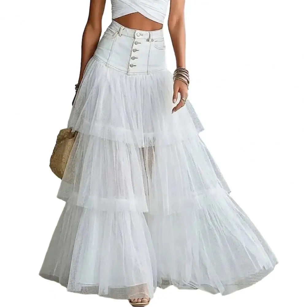 Maxi Skirt Women Skirt Women’s High Waist Mesh Skirt Breathable Patchwork Maxi Versatile Wedding Night Out Summer Mesh Skirts