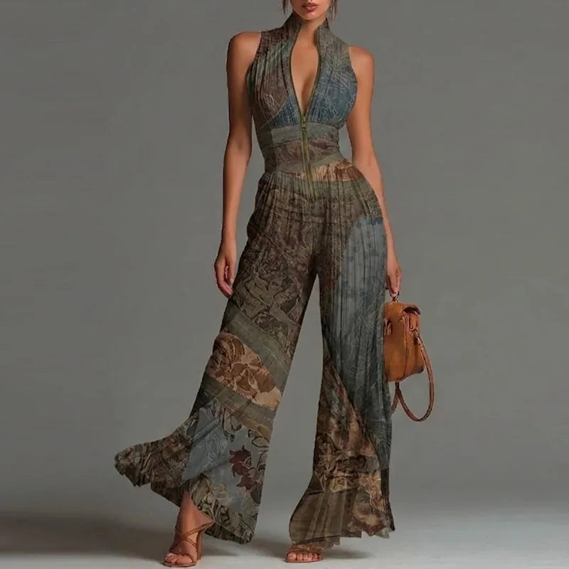 Spring Stand Collar Zipper Pleated Jumpsuit Women Elegant High Waist Wide Leg Long Pants Romper Summer Sleeveless Loose Overalls