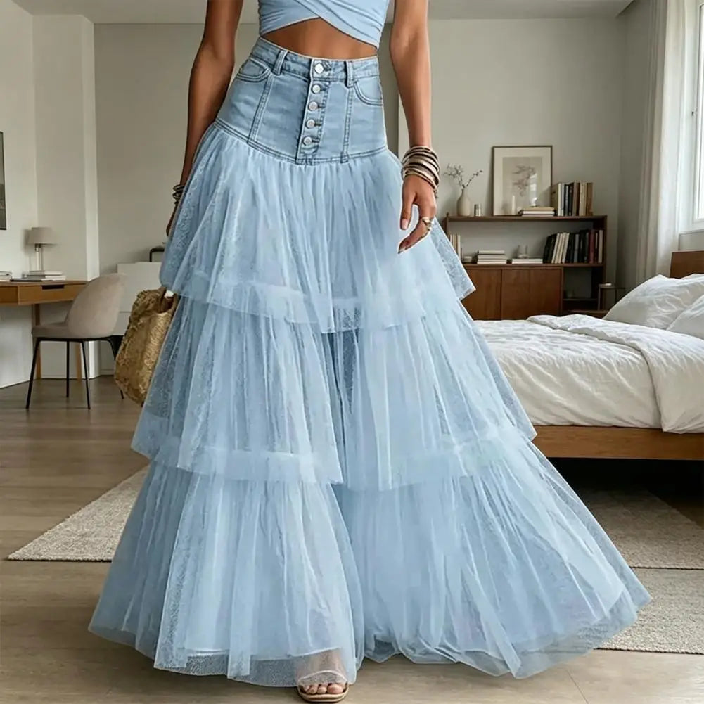 Maxi Skirt Women Skirt Women’s High Waist Mesh Skirt Breathable Patchwork Maxi Versatile Wedding Night Out Summer Mesh Skirts