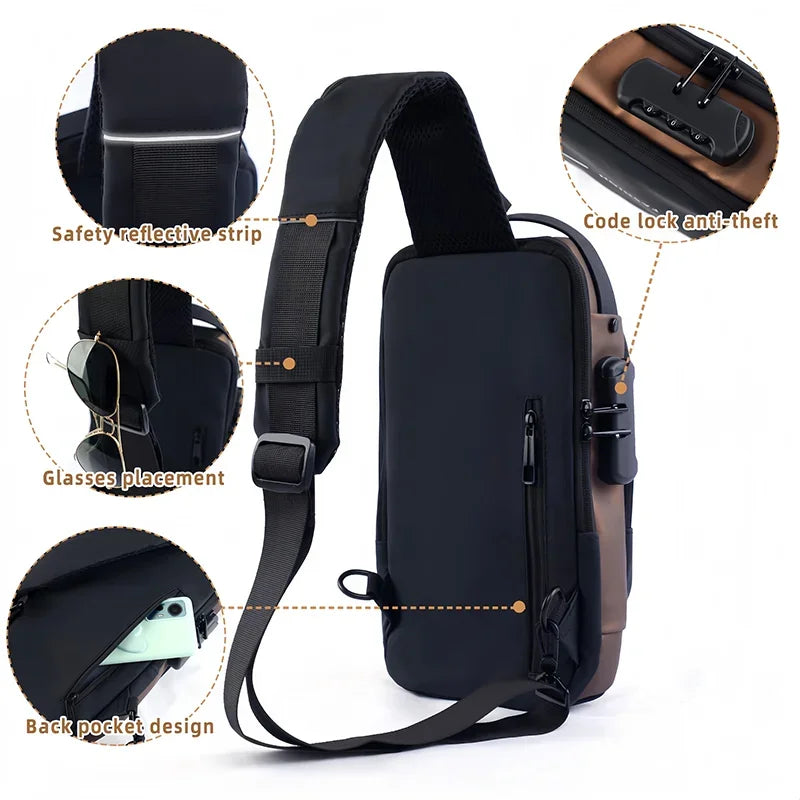 Men's anti-theft chest bag, fashionable motorcycle and casual sports sloping backpack, durable Oxford fabric