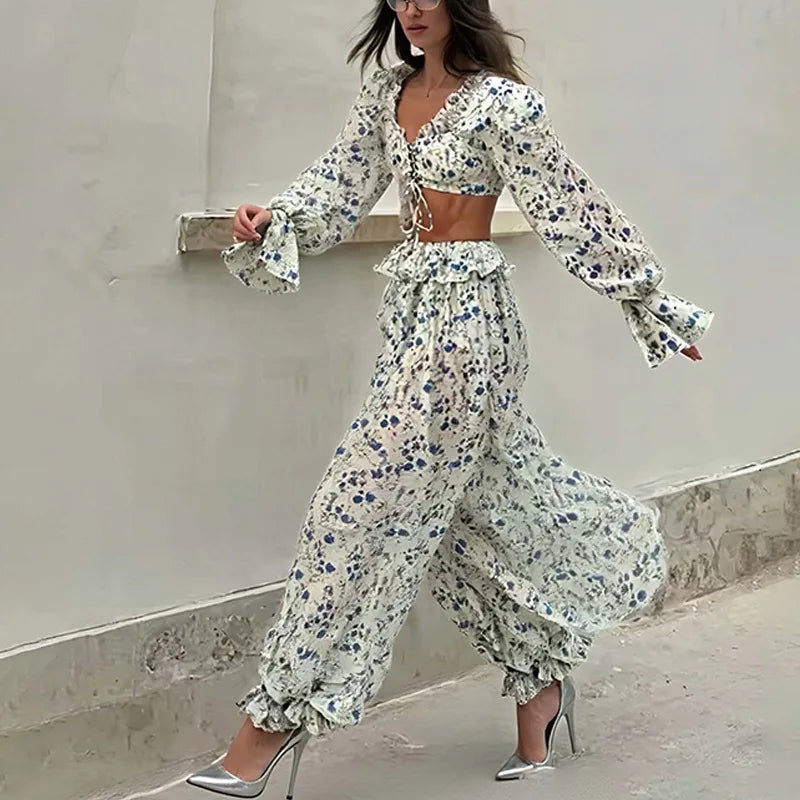Ruffled Trousers Short Tops Two-piece Set Spring Summer Women's Long-sleeved Waist Casual Fashion Trousers Set Костюм Женский