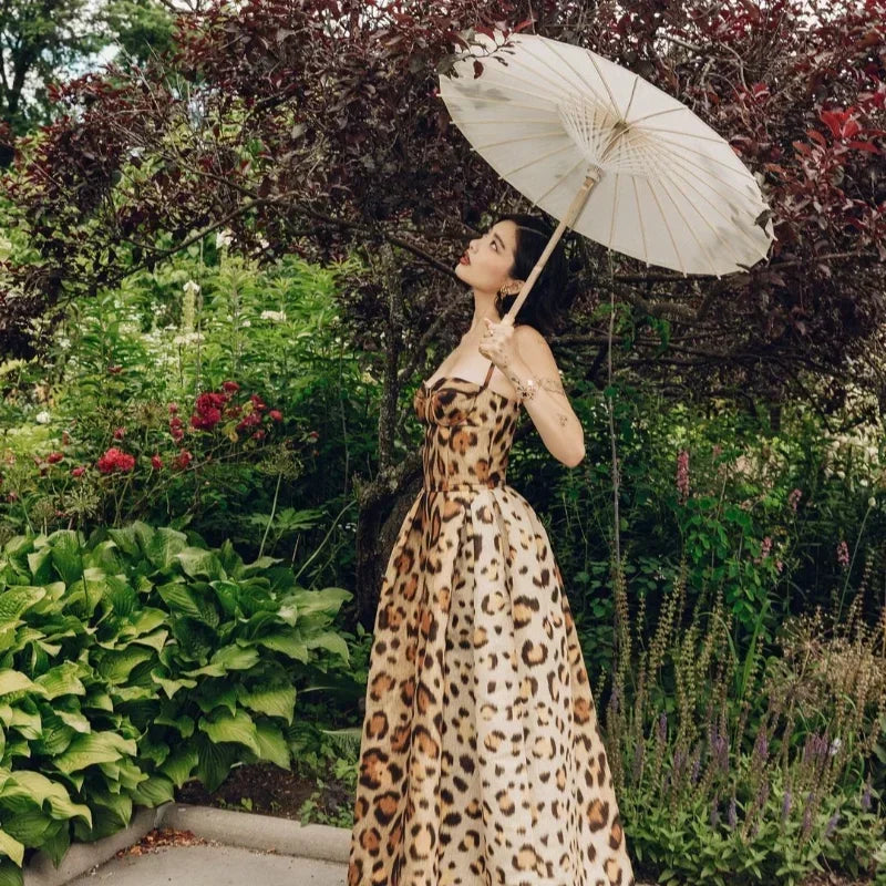 Leopard Print Sleeveless Sling Dress For Women Fashion Chic Backless A Line Dresses 2025 Elegant Female High Street Vestidos