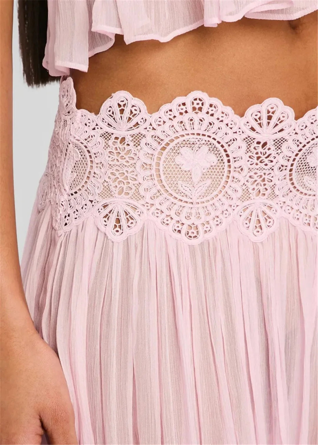 Women's Floral Lace Sheer Tiered Skirt Set 2026 Summer Spaghetti Strap Ruffle Crop Top High Waist Maxi Beach 2 Piece Dress