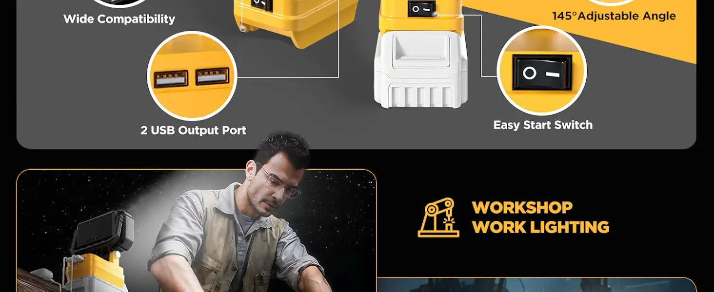 LED Work Light for Dewalt 18V 40W 6000LM, 2 USB Ports, 145° Adjustable Cordless Flood Light (Battery NOT Included)