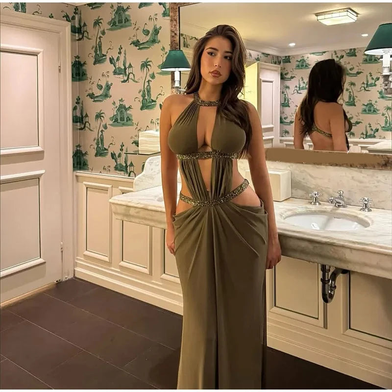 Hollow Out Halter Maxi Dress Sexy Pleated Solid Sleeveless Off Shoulder Backless Slim Women Dresses Fashion Party Gowns
