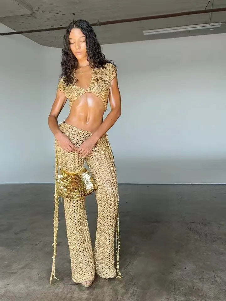 FAGADOER Sexy Hollow-out Sequin 2 Pieces Set for Woman Solid Deep V-neck Crop Top and Tassel Pants Female Streetwear Clothing
