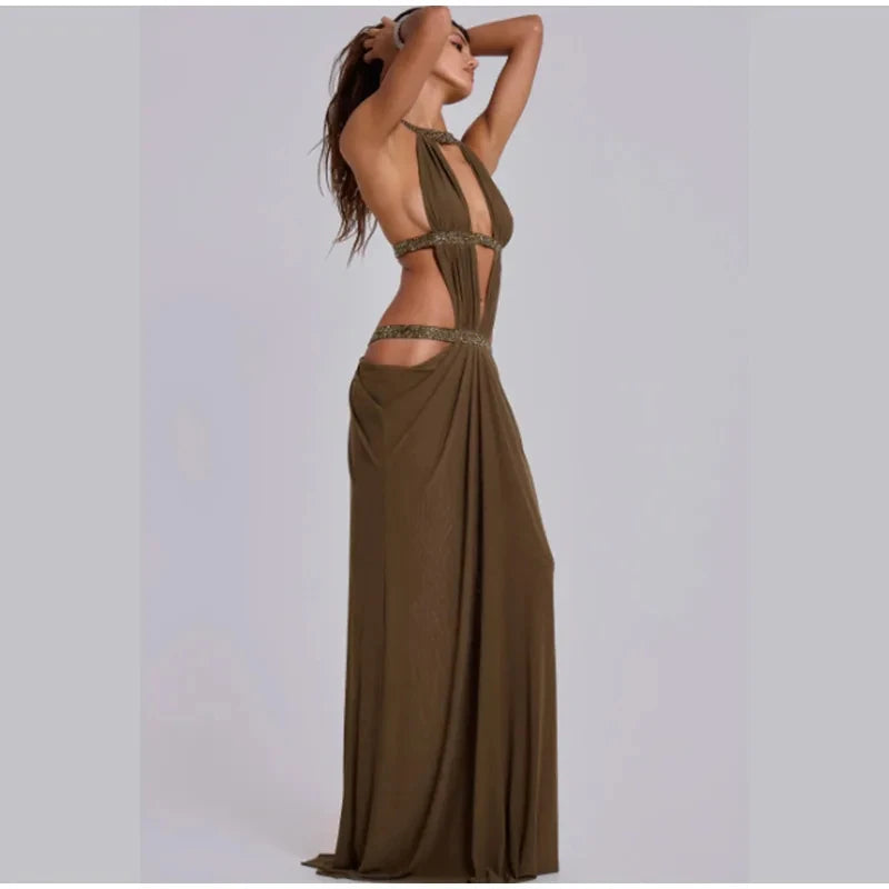 Hollow Out Halter Maxi Dress Sexy Pleated Solid Sleeveless Off Shoulder Backless Slim Women Dresses Fashion Party Gowns