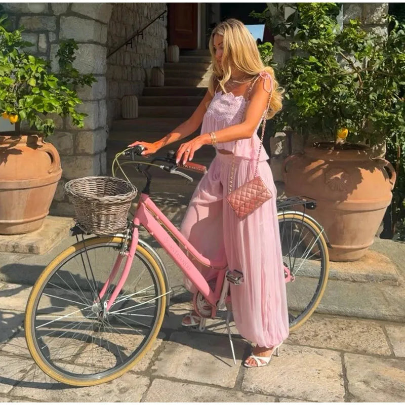 Beach Floral Lace Hollow Out Women's Pants Sets Ruffles Spaghetti Strap Crop Tops Loose Pleated Lantern Pant 2026 Summer Suits