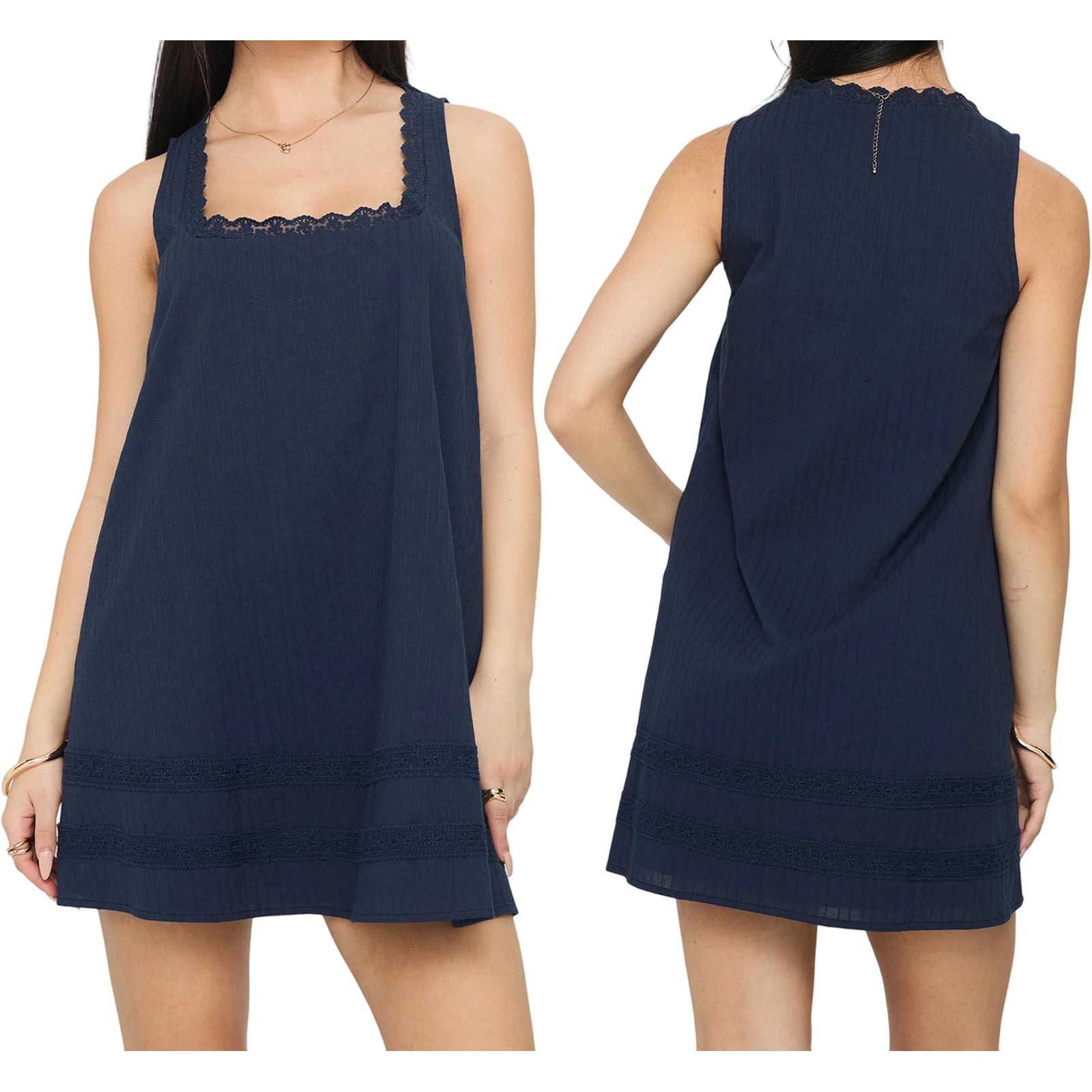Combhasaki Casual Loose Fit Shift Dress for Women 2026 Fashion Lace Trim Patchwork Square Neck Sleeveless Cute Mini Tank Dress