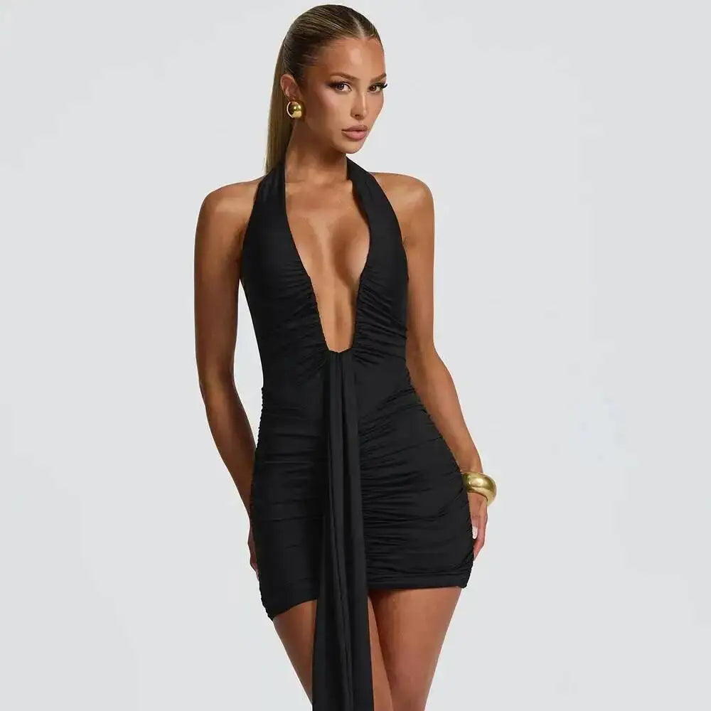 Avrilyaan Leopard Print Halter Pleated Ribbon Dress Women Mini 2025 Summer Dress Deep V Backless Sexy Party Dresses Vestidos