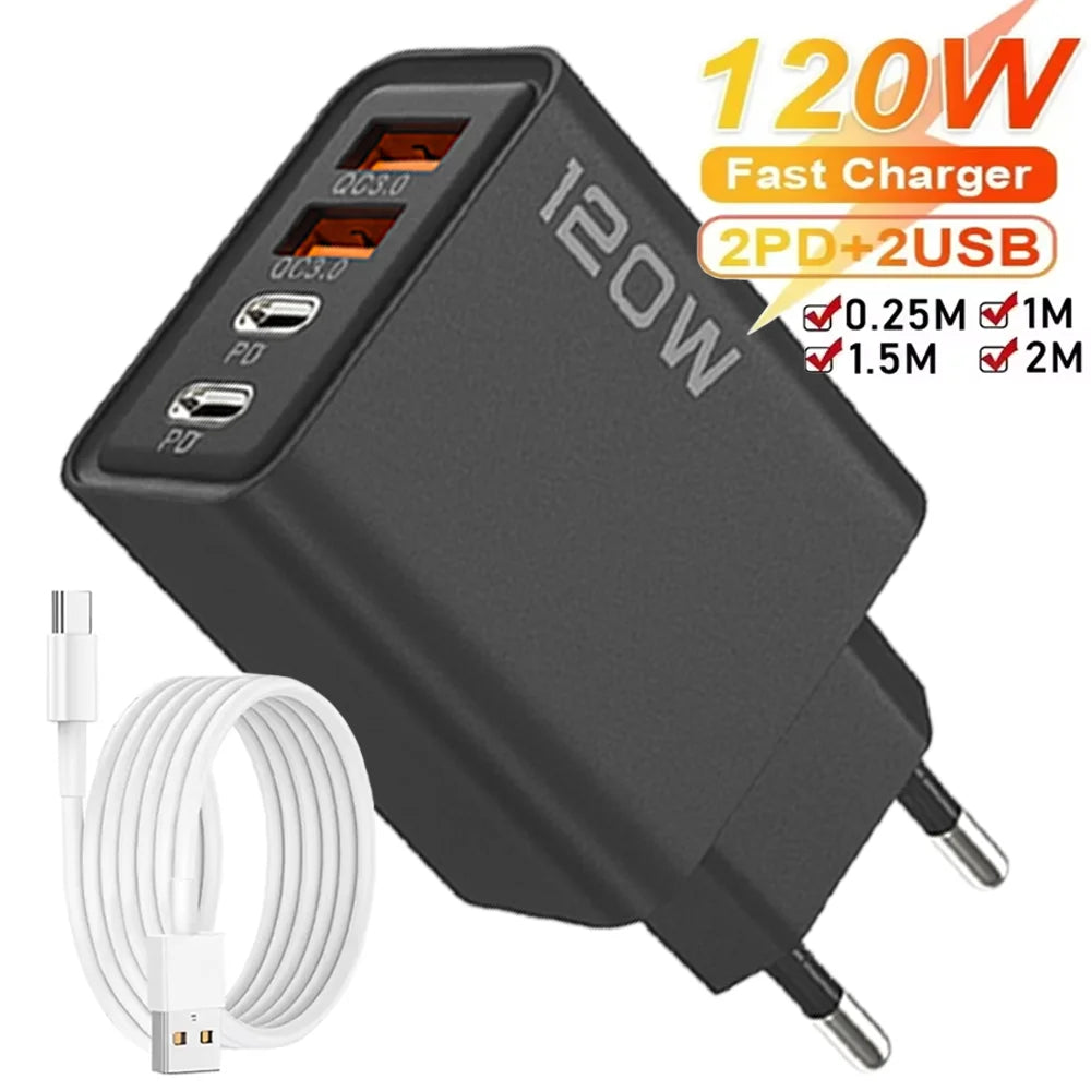 4 Port USB Charger Total 120W Fast Charging EU/US/UK Plug Wall Charger Mobile Phone Power Adapter For Phone Charge Type C Cable