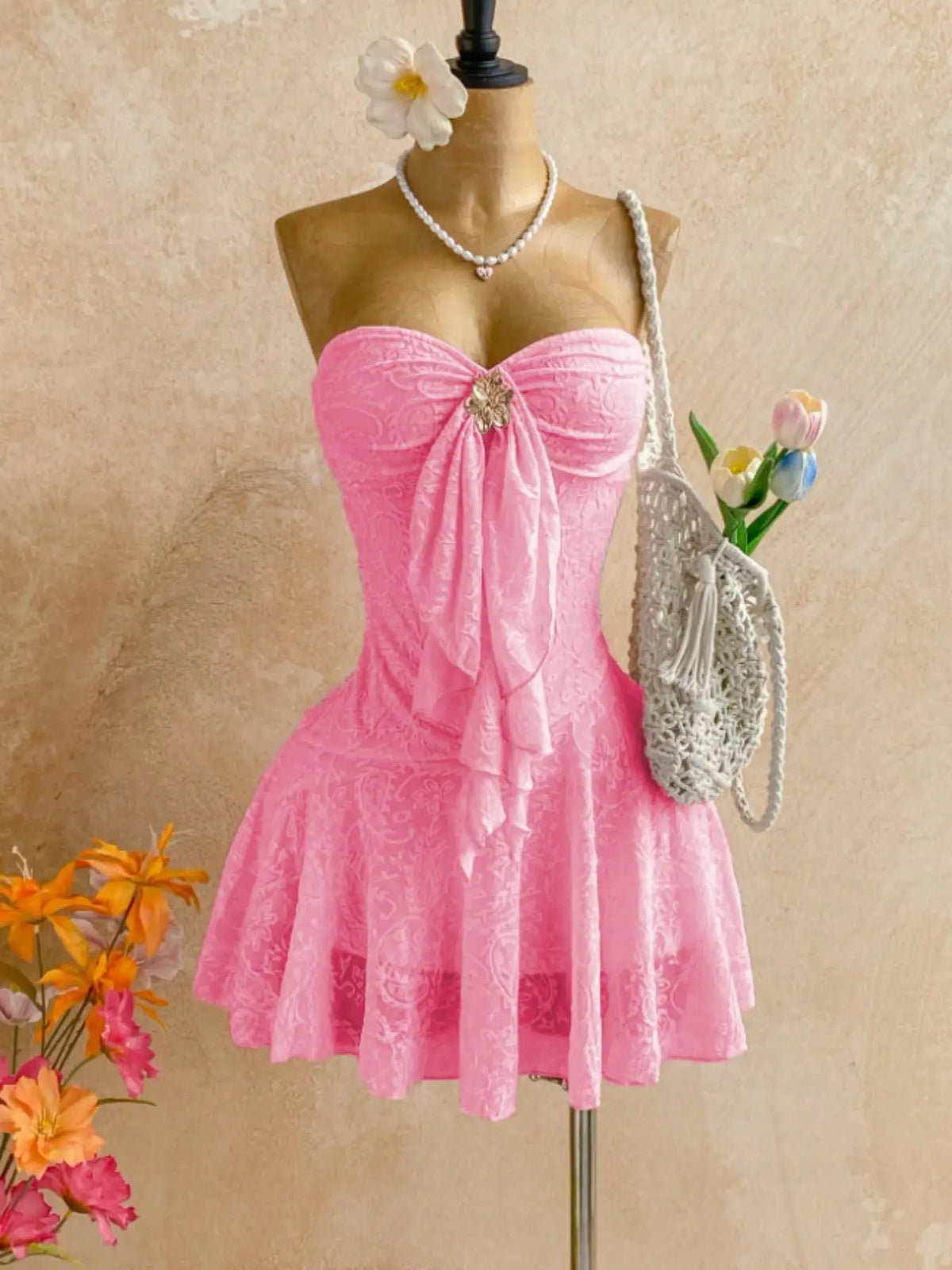 Women Sweetheart Strapless Embossed Lace Mini Night Dress, Front Ruffle Floral Brooch, Slim Fit Flared Skirt, Soft Cozy Loungewear, Nightwear, Feminine, Cute, Loungewear Nightdress
