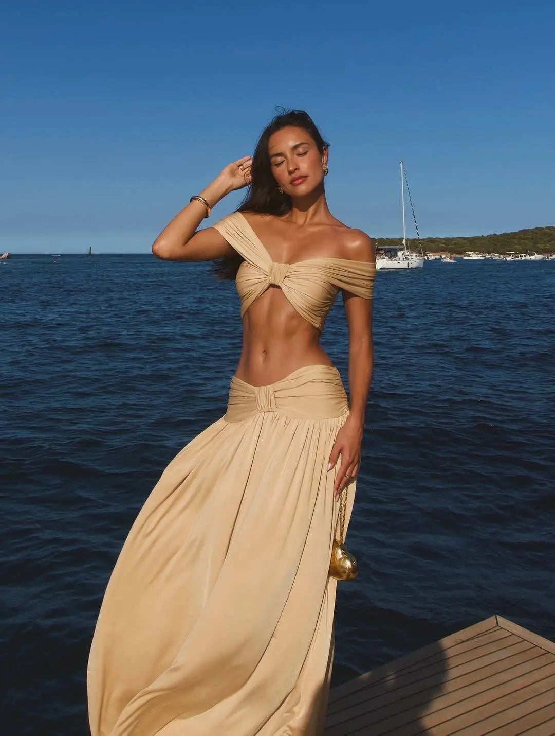 Soild Two Piece Skirt Off Shoulder Halter Beach Dress Women High Waist A-line Bandage Ruched Long Skirt Suit Summer Casual Set