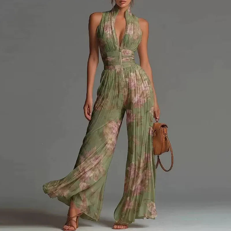 Spring Stand Collar Zipper Pleated Jumpsuit Women Elegant High Waist Wide Leg Long Pants Romper Summer Sleeveless Loose Overalls