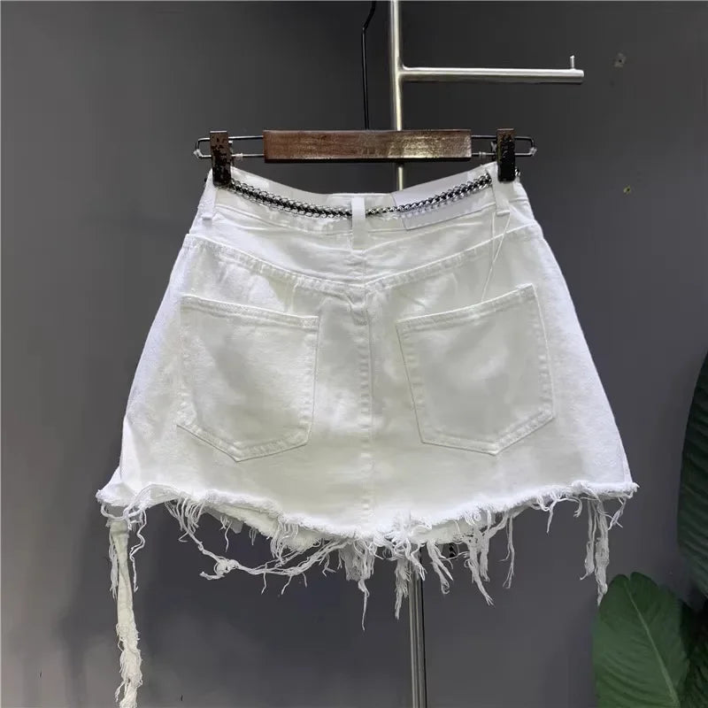 New Korean White Raw Irregular Denim Skirt Women's Anti-Walk Naked Hole Pocket Exposed Short Skirt