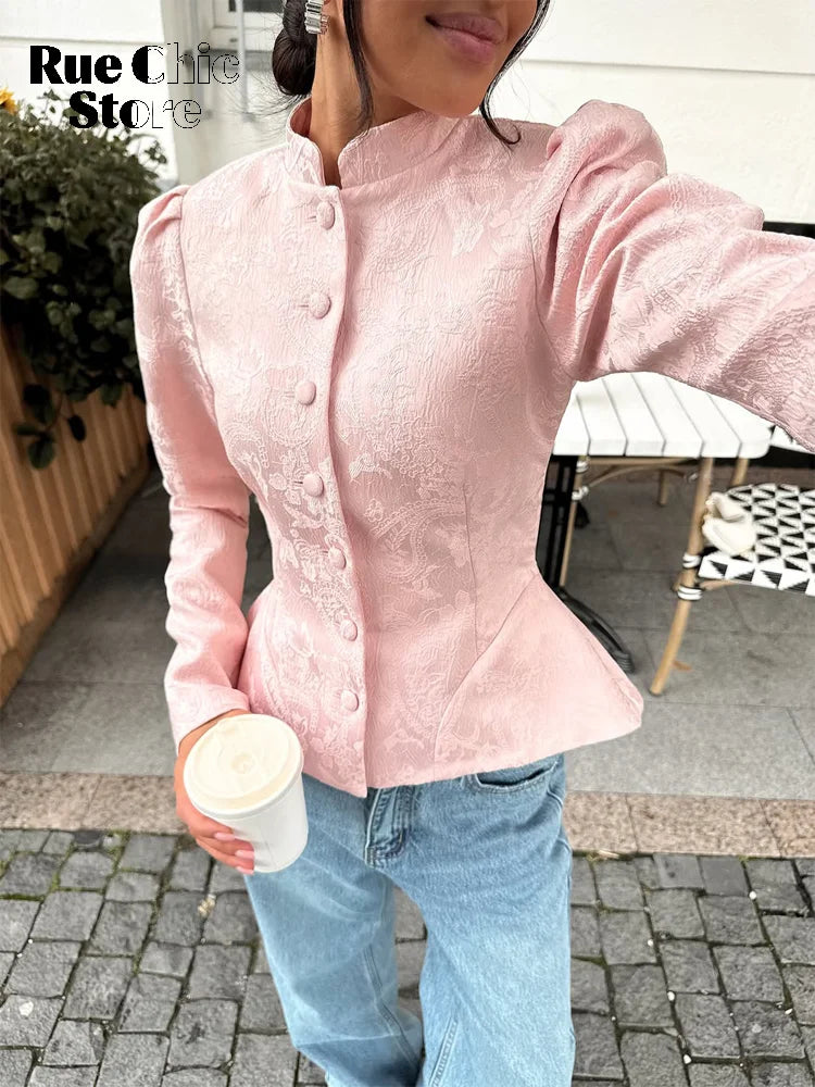 Solid Color Jacquard Glossy Satin Tops Women Chic Stand Collar Single Breasted Slim Fit Short Coats 2026 Lady Daily Outwear New