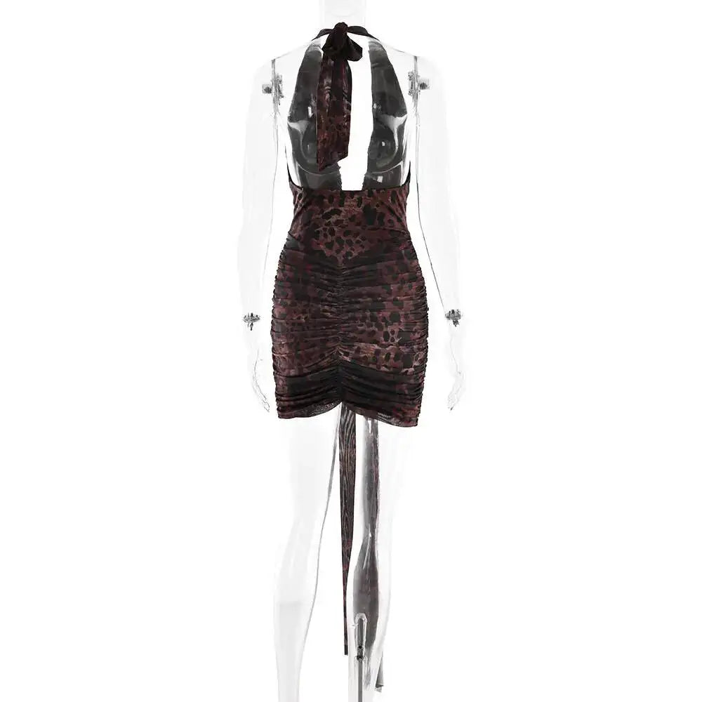 Avrilyaan Leopard Print Halter Pleated Ribbon Dress Women Mini 2025 Summer Dress Deep V Backless Sexy Party Dresses Vestidos