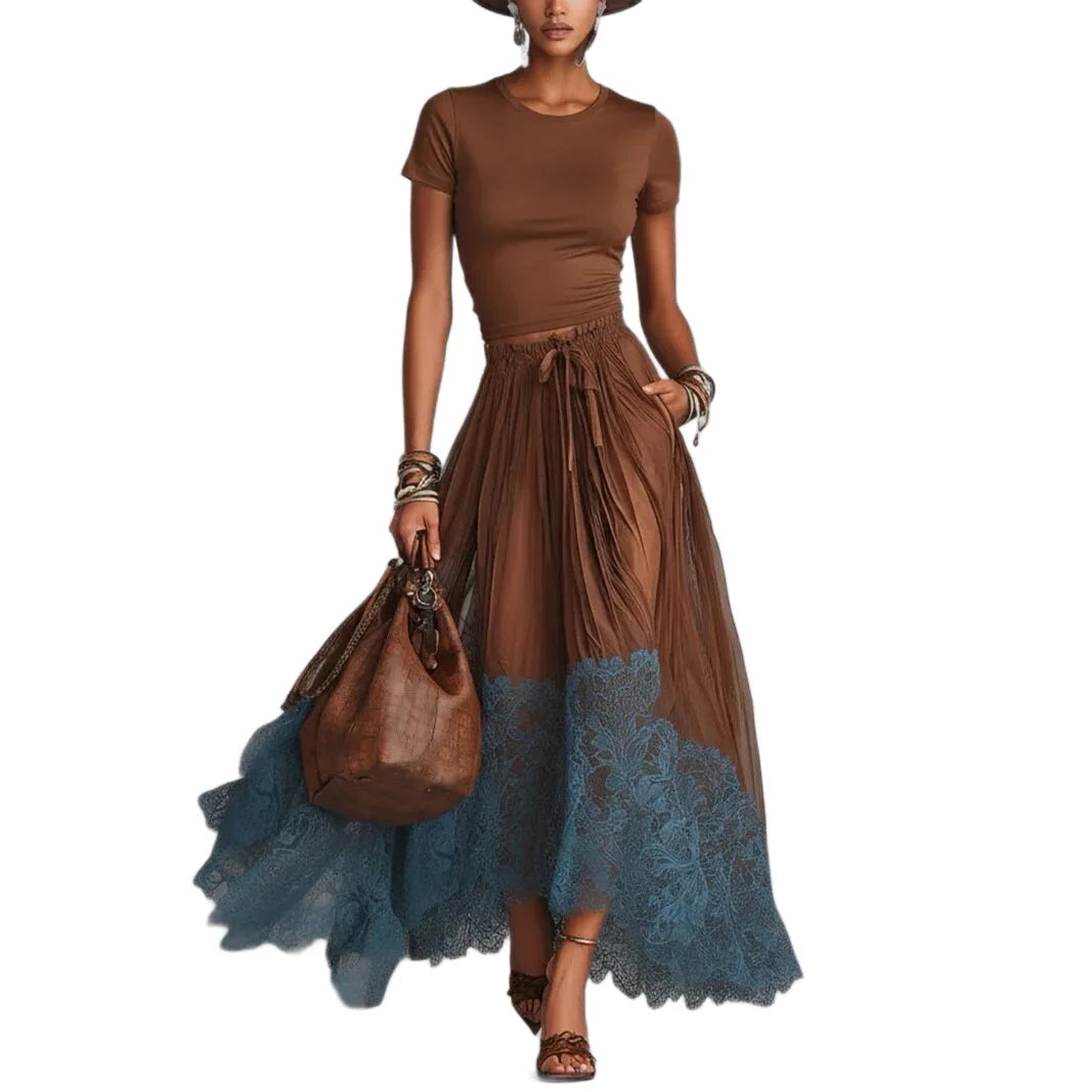2026 New V Neck Short Sleeve Underwear Top High Waist Lace Spliced Midi Skirt Two Piece Set Women Slim Fit Temperament Outfit