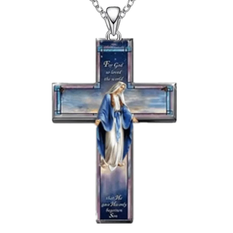 Vintage Women Cross Pendant Religious Belief Jesus Cross Painted Sticker Pendant Charm Necklaces for Women Cross Jewelry Gift