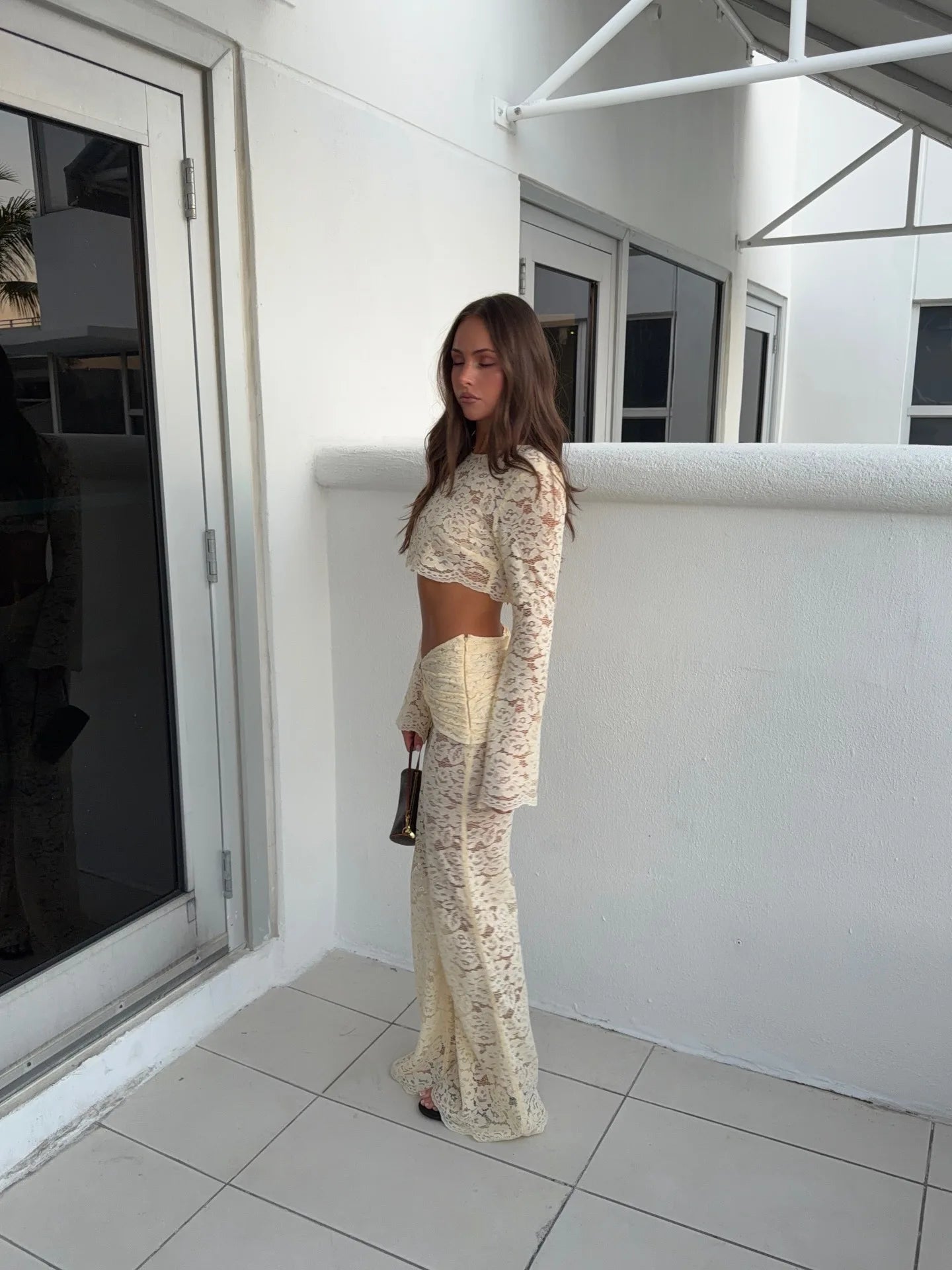 Whisper Lumi Sexy Lace Hollow Out Crop Top Backless Outfit 2 Piece Trendy Slim Fitted Clubwear Set for Women