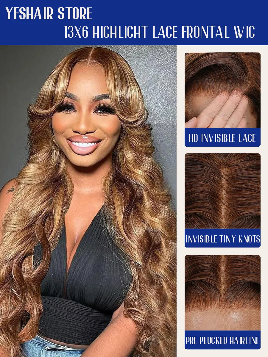 P4/27 Highlight Body Wave 40 Inch Long-length & 200% High Density Human Hair Wigs HD Transparent Skin-melt Swiss Lace Frontal Wig