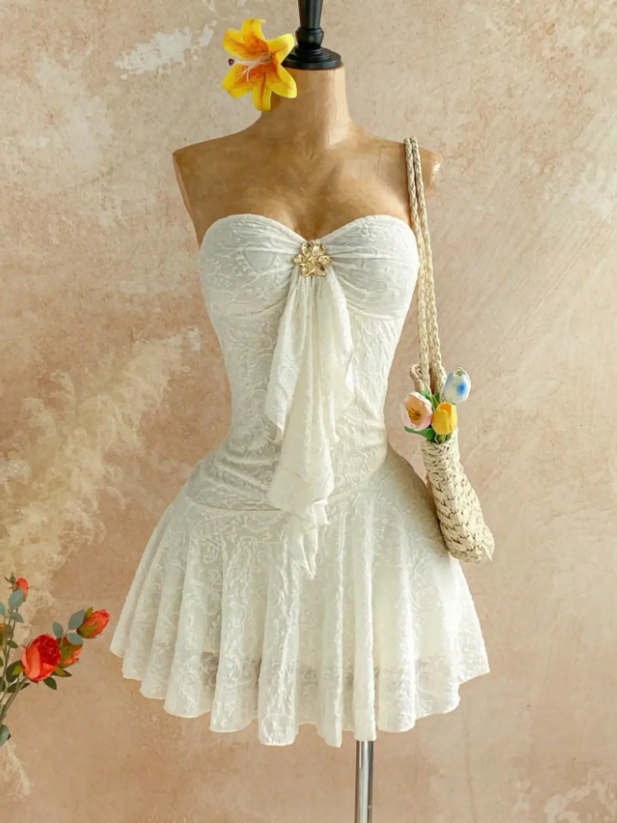 Women Sweetheart Strapless Embossed Lace Mini Night Dress, Front Ruffle Floral Brooch, Slim Fit Flared Skirt, Soft Cozy Loungewear, Nightwear, Feminine, Cute, Loungewear Nightdress
