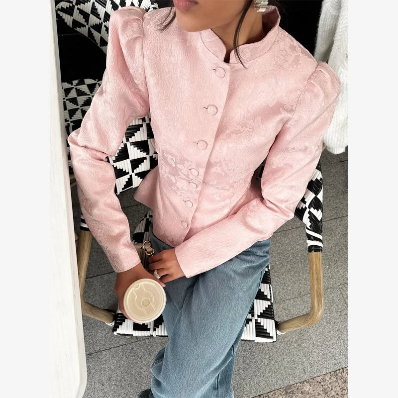 Solid Color Jacquard Glossy Satin Tops Women Chic Stand Collar Single Breasted Slim Fit Short Coats 2026 Lady Daily Outwear New