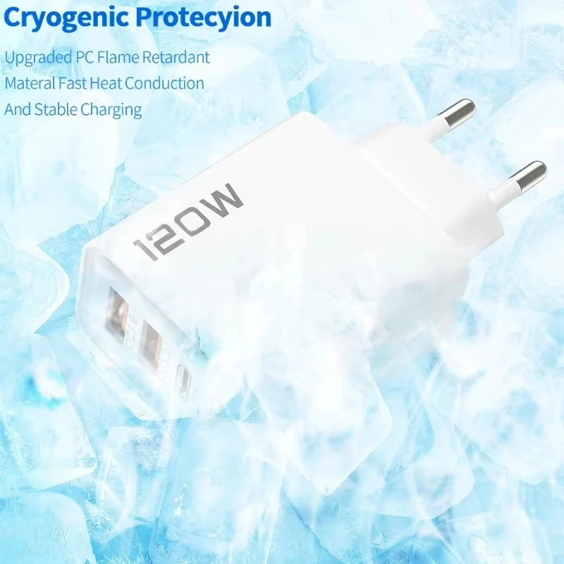 4 Port USB Charger Total 120W Fast Charging EU/US/UK Plug Wall Charger Mobile Phone Power Adapter For Phone Charge Type C Cable