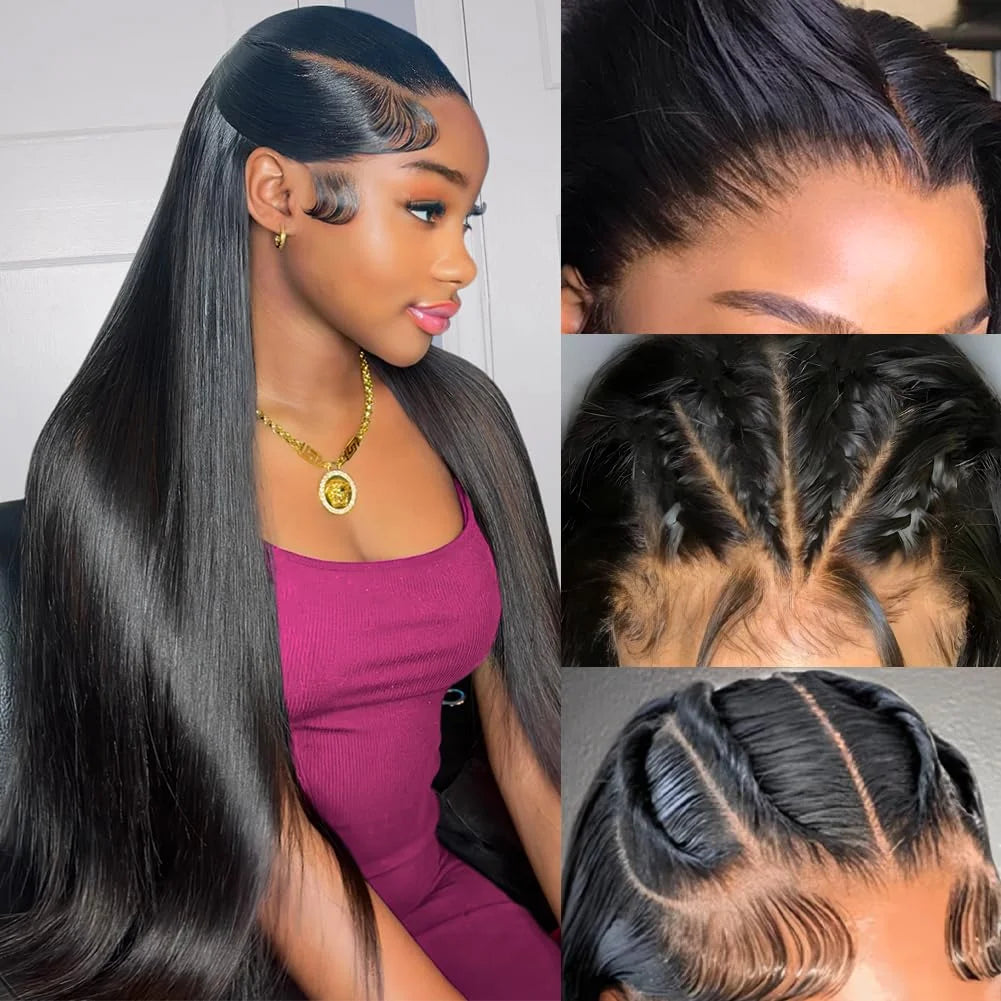 Brazilian 100% Human Hair Wigs 4x4 Glueless Put on and Go Wig 40 Inch 13x4 HD Transparent Bone Straight Lace Frontal Wigs 13x4 Pre Plucked Human Hair Wigs 250 Density for Women