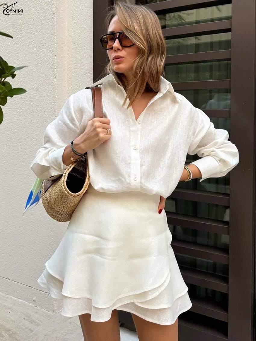 Oymimi Elegant Beige Cotton Two Piece Set For Woman Fashion Long Sleeve Button Shirts And High Waist Lace-Up Mini Skirts Sets
