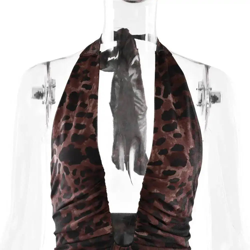 Avrilyaan Leopard Print Halter Pleated Ribbon Dress Women Mini 2025 Summer Dress Deep V Backless Sexy Party Dresses Vestidos