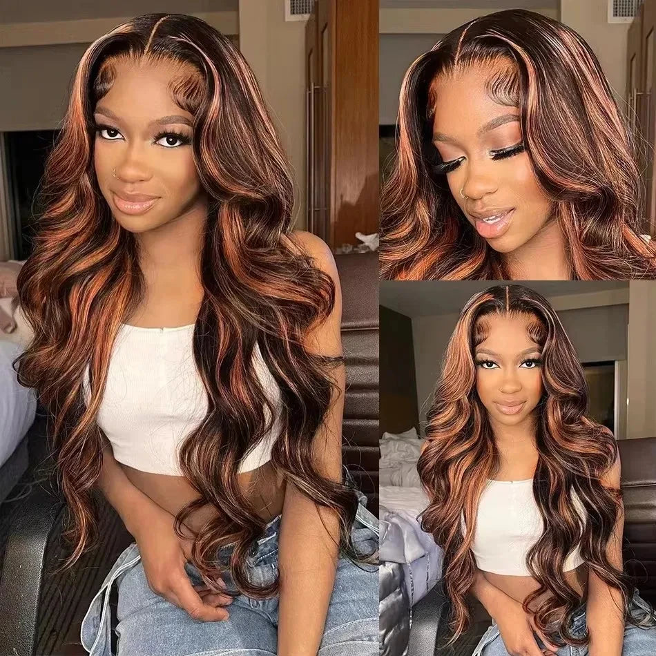 Ombre Highlight 13X6 Body Wave Lace Front Wigs Human Hair 1B/30 Brown Colored HD Transparent Lace Frontal Wigs Pre Plucked 180% Density 30 Inch Balayage Glueless Wig for Women