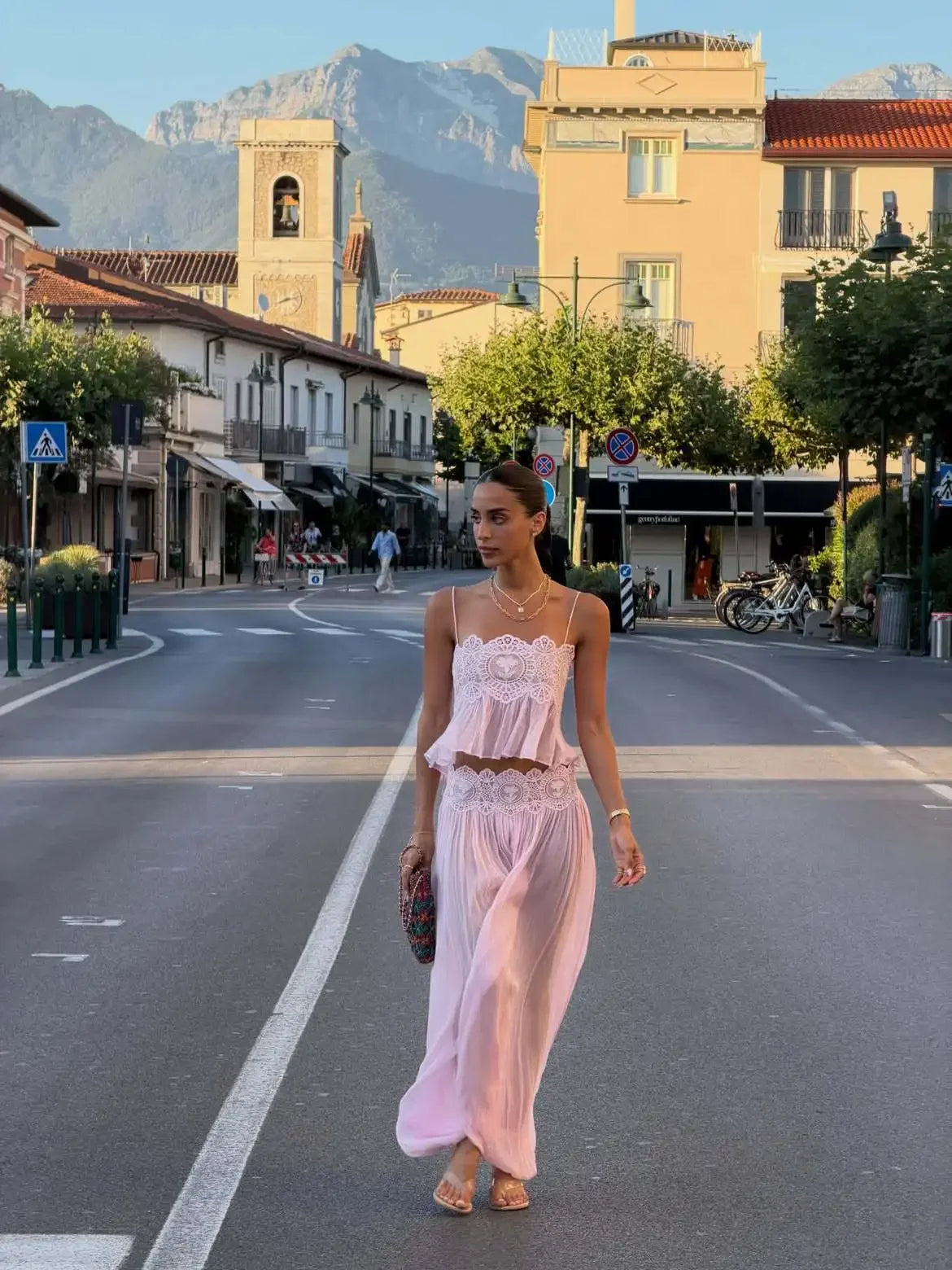 Women's Floral Lace Sheer Tiered Skirt Set 2026 Summer Spaghetti Strap Ruffle Crop Top High Waist Maxi Beach 2 Piece Dress