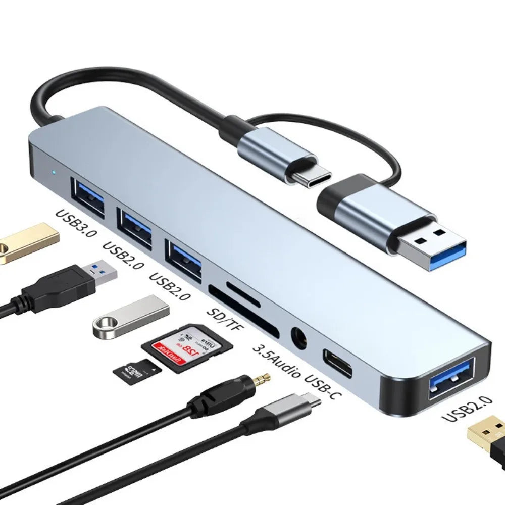 8 in 2 Type C USB HUB Docking Station with 3.5mm Audio Jack for Micro SD Card Reader MacBook Laptop Tablet Phone Disk Converter