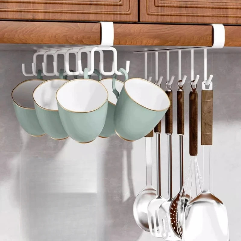 Household Kitchen Cabinet Bottom Shelf Hanging Hook, Non Perforated Cloth Rack, 6-Hook Organizing Rack, Spatula Hanging Rack