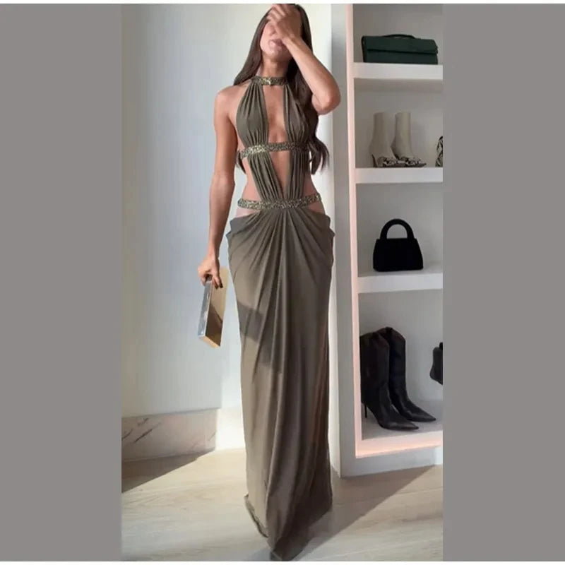Hollow Out Halter Maxi Dress Sexy Pleated Solid Sleeveless Off Shoulder Backless Slim Women Dresses Fashion Party Gowns