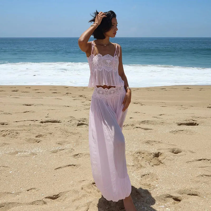 Beach Floral Lace Hollow Out Women's Pants Sets Ruffles Spaghetti Strap Crop Tops Loose Pleated Lantern Pant 2026 Summer Suits