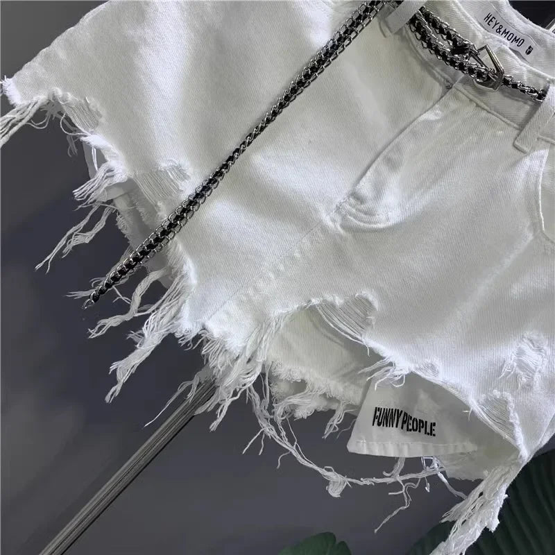 New Korean White Raw Irregular Denim Skirt Women's Anti-Walk Naked Hole Pocket Exposed Short Skirt