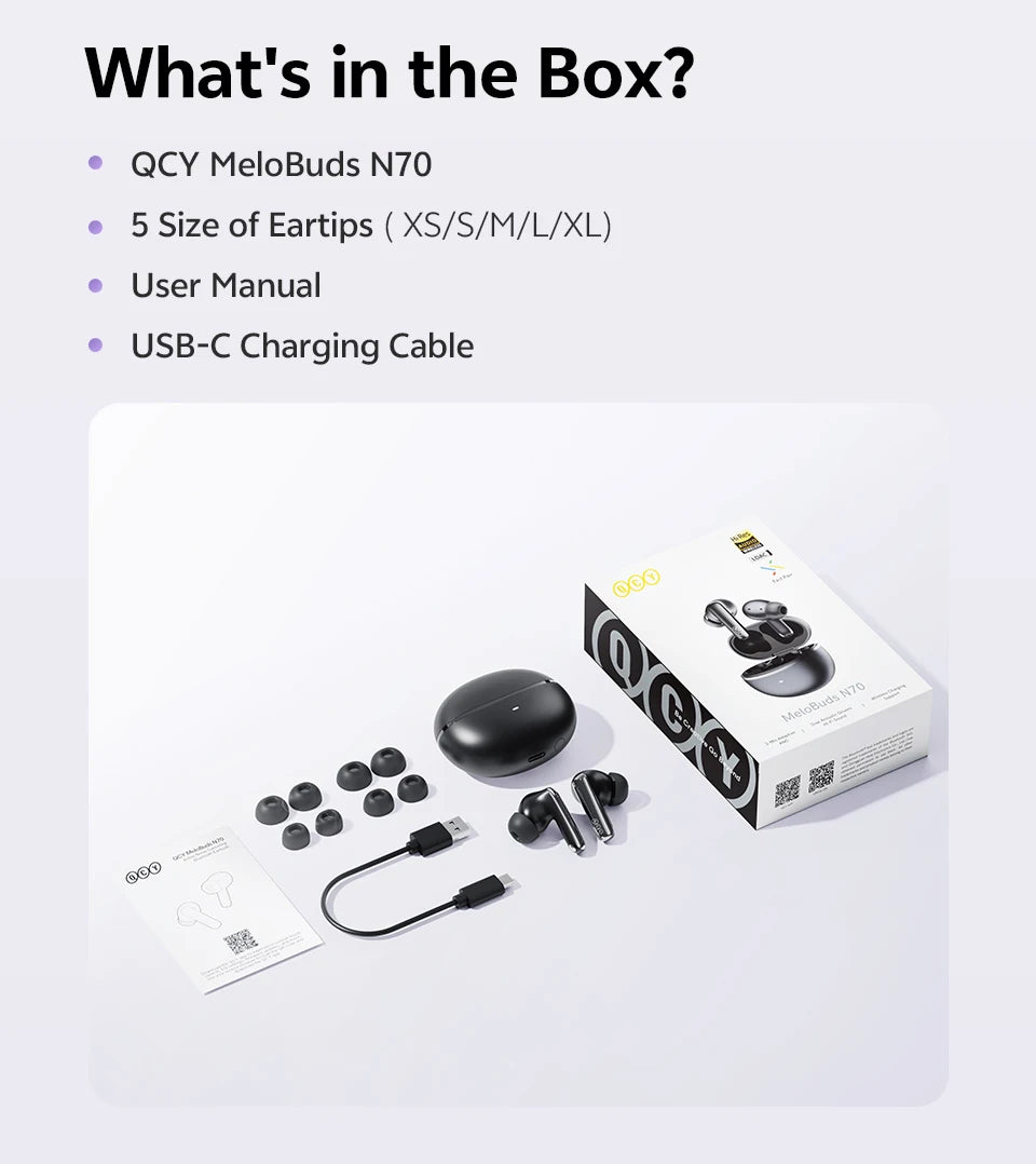 QCY MeloBuds N70 Adaptive ANC Wireless Earbuds Bluetooth 6.0 LDAC Hi-Res Audio 6 Mics Wireless Charging Earphones 50Hrs IPX5