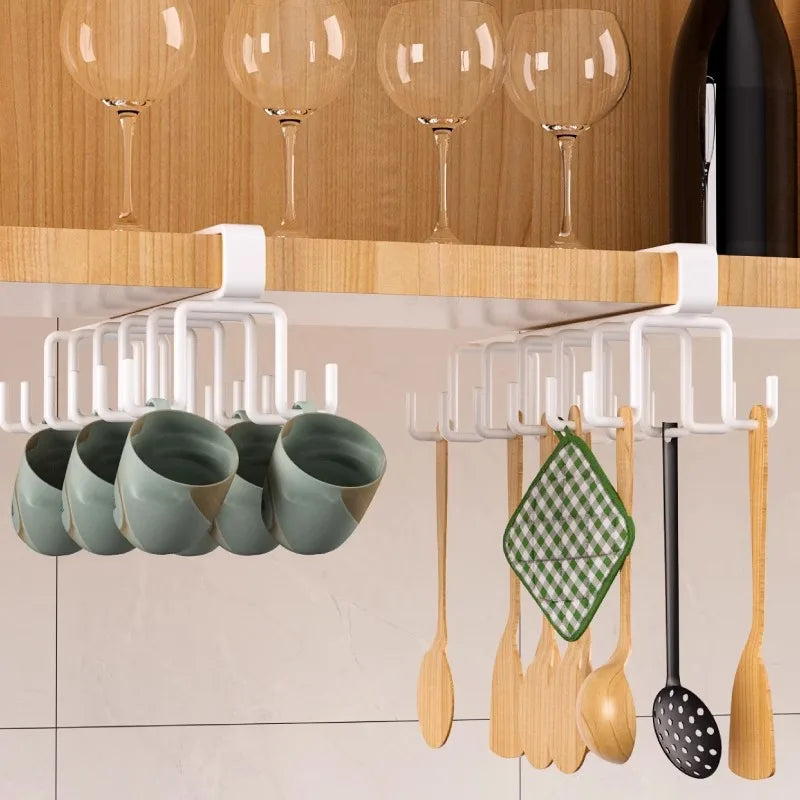 Household Kitchen Cabinet Bottom Shelf Hanging Hook, Non Perforated Cloth Rack, 6-Hook Organizing Rack, Spatula Hanging Rack
