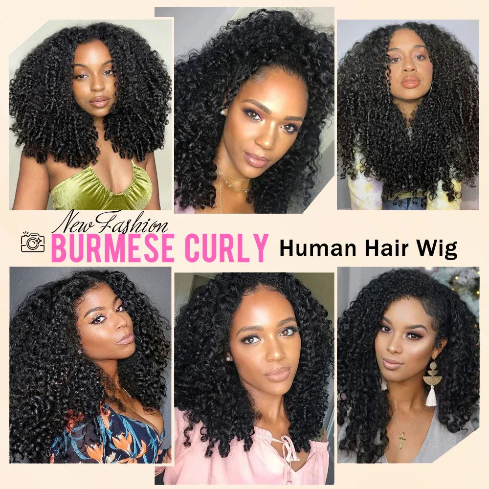 12A Burmese Curly Human Hair Wig Ready to Wear 200% 250% Density 13x4 Transparent Lace Frontal Wig Deep Wave Curly Lace Front Human Hair Wigs For Woman Ready to Wear On Clearance Sale Pre Plucked Wig Party Work Daily Life