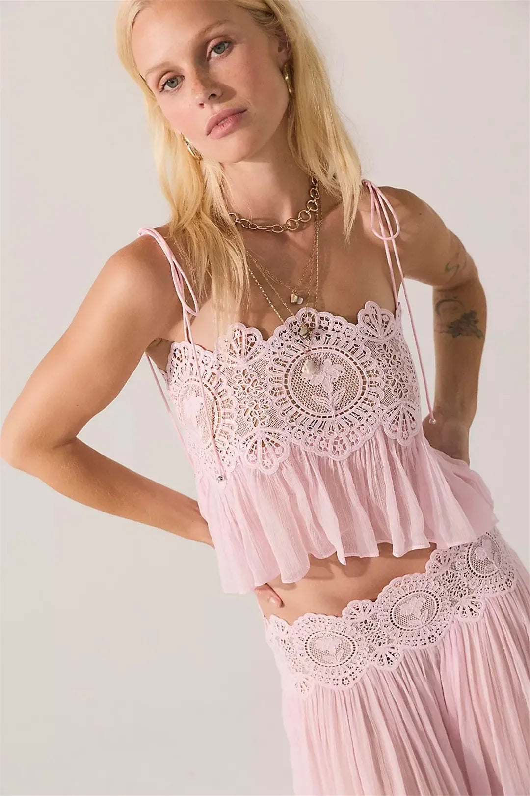 Women's Floral Lace Sheer Tiered Skirt Set 2026 Summer Spaghetti Strap Ruffle Crop Top High Waist Maxi Beach 2 Piece Dress