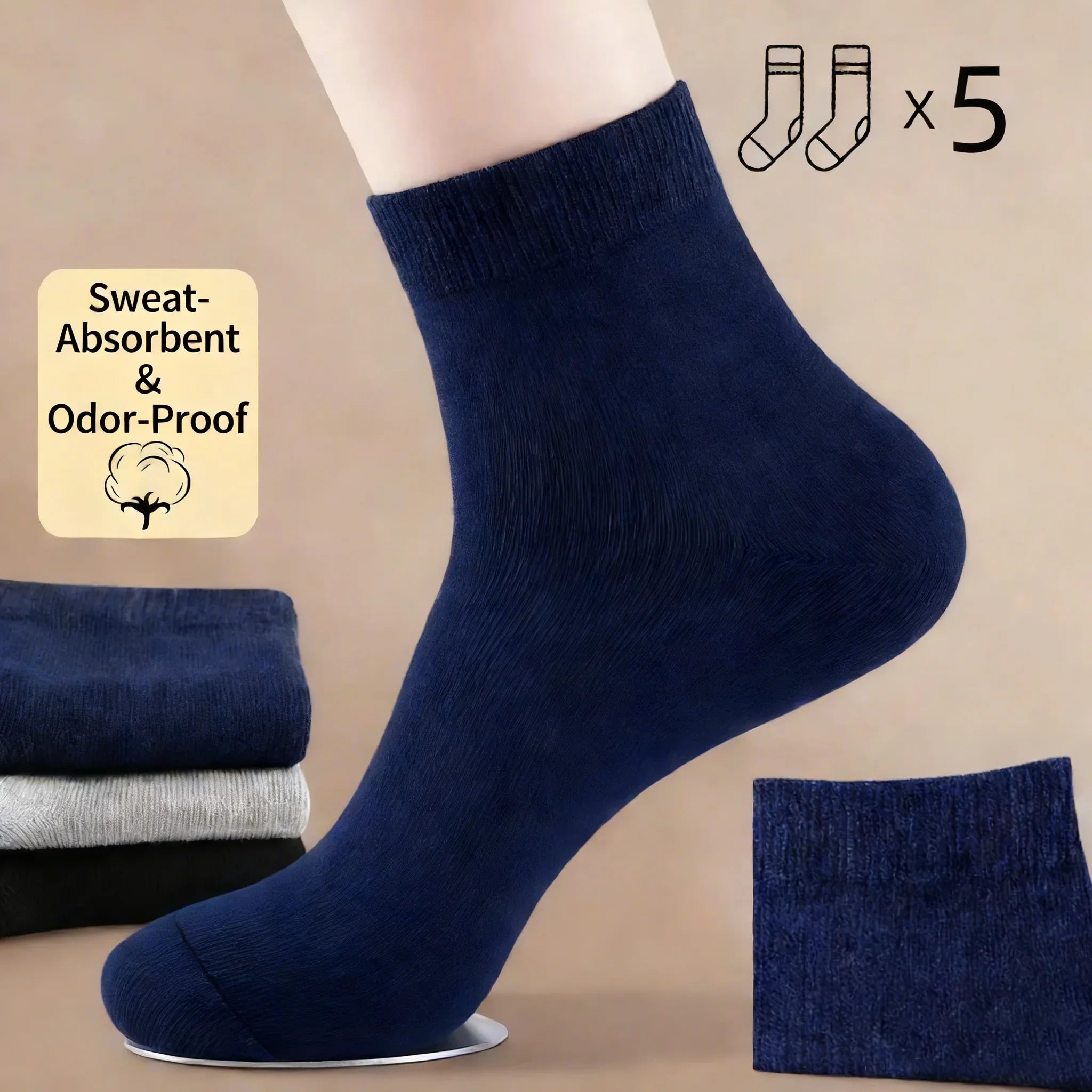 5 pairs of men's mid-calf socks, pure cotton sweat-absorbing odor-resistant autumn/winter business socks for all seasons