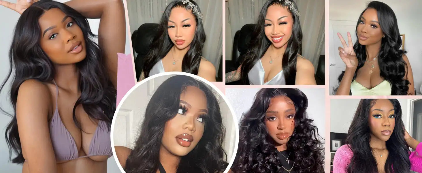 Natural Black Body Wave Remy Human Hair Wigs Lace Front Wig Pre Plucked Hairline 180% Density HD Transparent Lace Frontal Wig