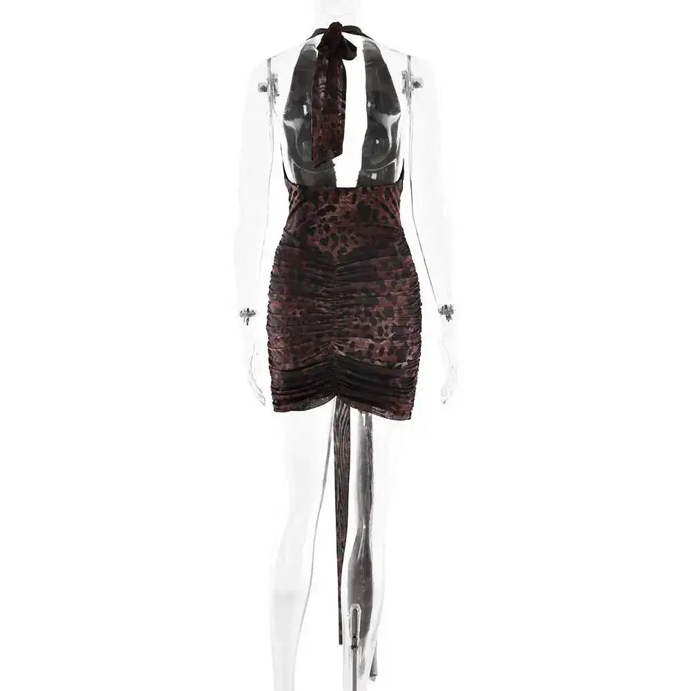 Avrilyaan Leopard Print Halter Pleated Ribbon Dress Women Mini 2025 Summer Dress Deep V Backless Sexy Party Dresses Vestidos