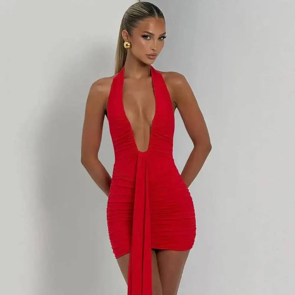 Avrilyaan Leopard Print Halter Pleated Ribbon Dress Women Mini 2025 Summer Dress Deep V Backless Sexy Party Dresses Vestidos